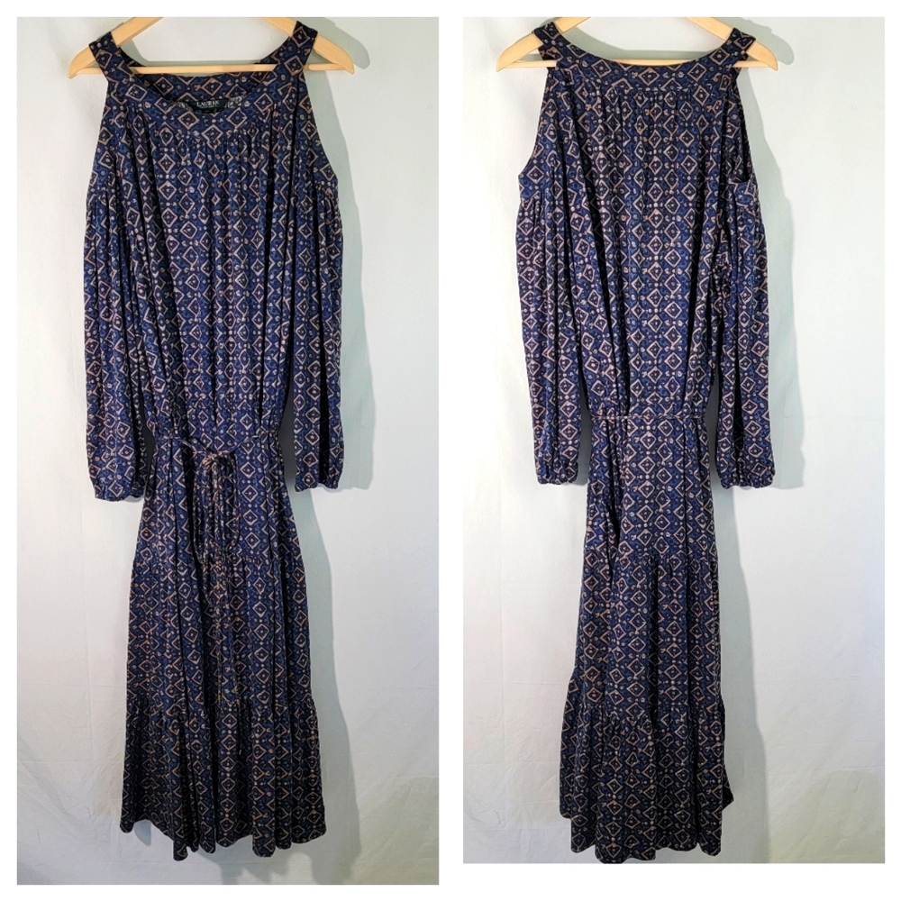 Lauren Ralph Lauren Blue and Tan Geometric Cold Shoulder Tiered Maxi Dress XXL